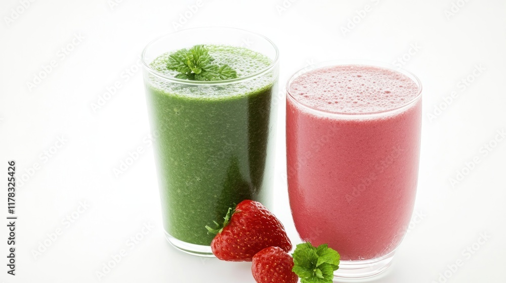 Two refreshing smoothies, one green and one pink, garnished with mint. Two refreshing smoothies, one green and one pink, garnished with mint.