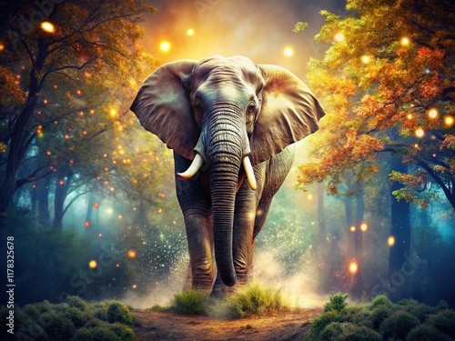 Fototapeta Naklejka Na Ścianę i Meble -  Double-exposed elephant, nature's grandeur, a graceful image.