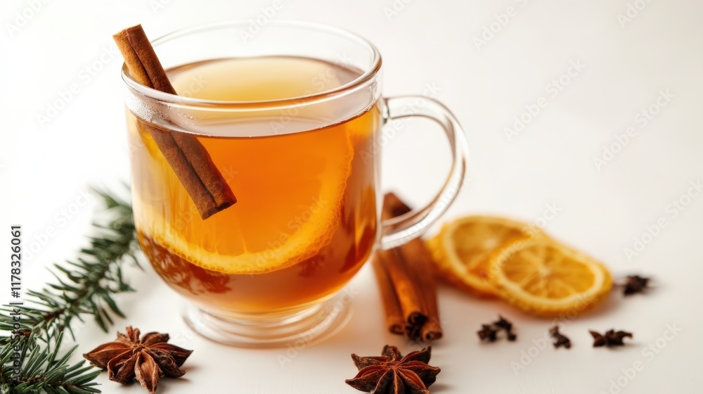 A cup of tea with a cinnamon stick in it and a few orange slices A cup of tea with a cinnamon stick in it and a few orange slices