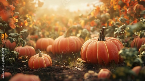 Sunlit autumn pumpkin patch.