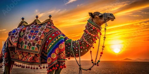 Silhouette of Decorated Camel, Rann of Kutch, Gujarat, India
