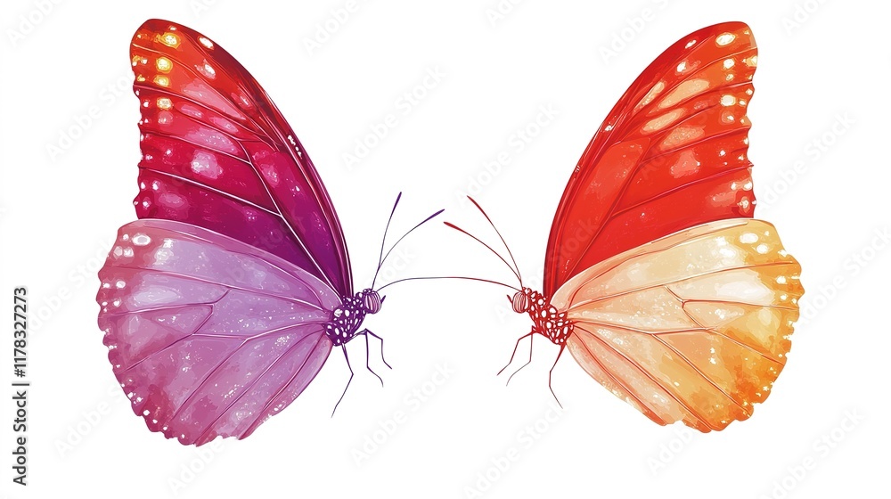 Obraz premium Romantic Valentine’s Day composition with red, gold, hot pink, and cream love shapes, vibrant colored butterflies, and a harmonious blend of red, white, and purple tones on a white background, perfect
