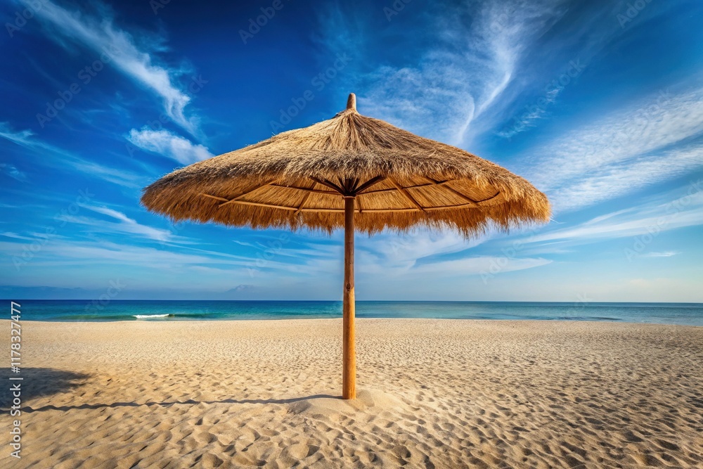 Summer Vacation: Large Straw Beach Umbrella on Blue Sky Summer Vacation: Large Straw Beach Umbrella on Blue Sky