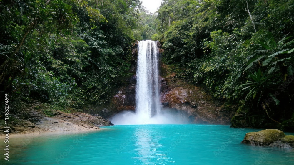 Fototapeta premium Serene waterfall cascading into a turquoise pool surrounded by lush greenery.