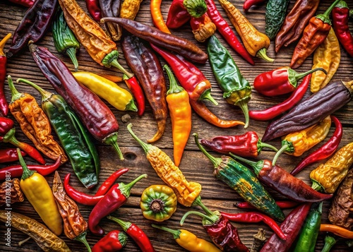 Vibrant Dried Chili Peppers on Rustic Wood - Spicy Food Stock Photo photo