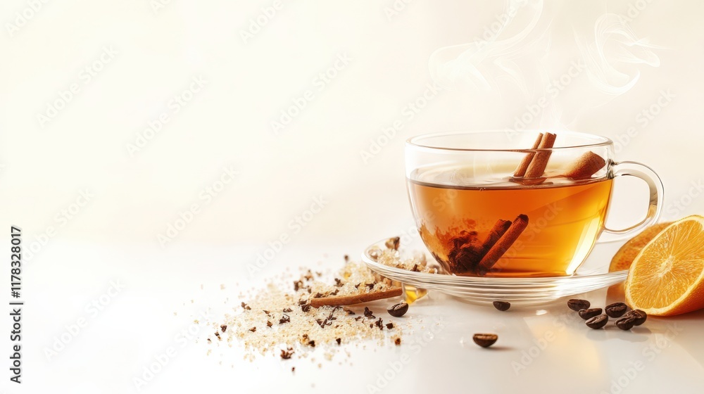 A cup of tea with cinnamon sticks and a slice of orange on a table A cup of tea with cinnamon sticks and a slice of orange on a table