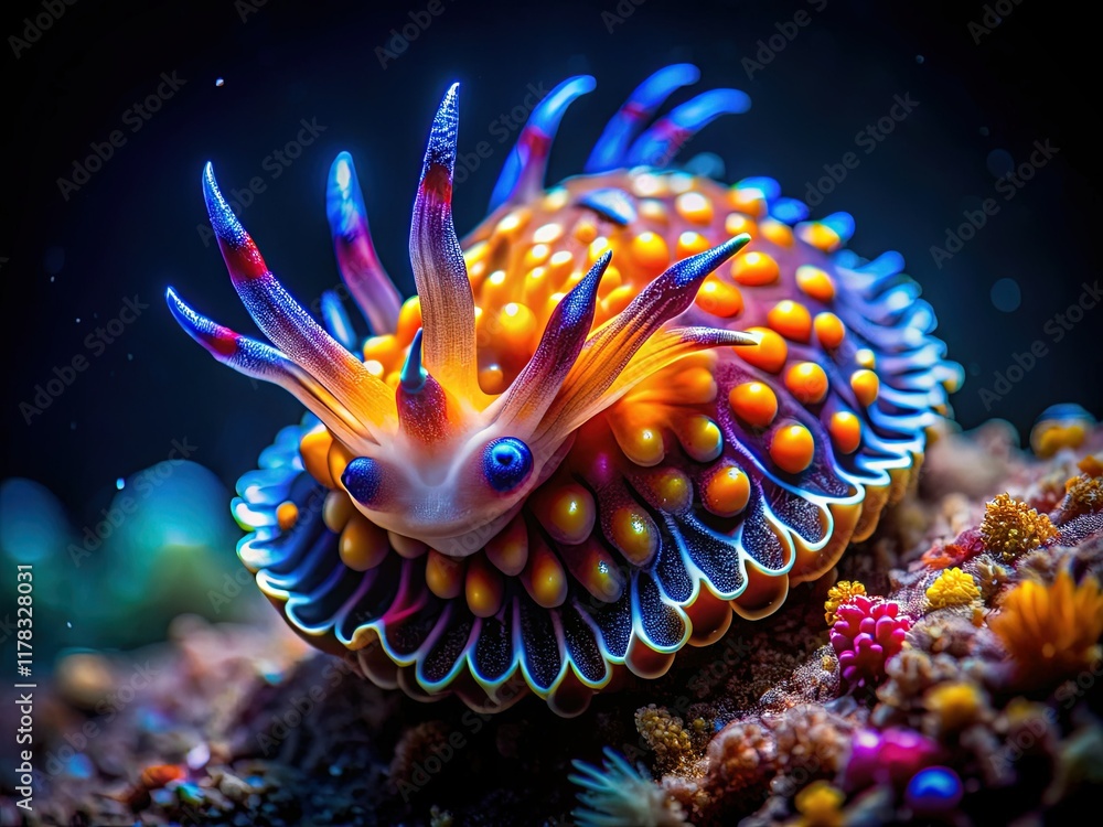 Obraz premium Vibrant Nudibranch Egg Ribbon at Night, Underwater Macro Photography