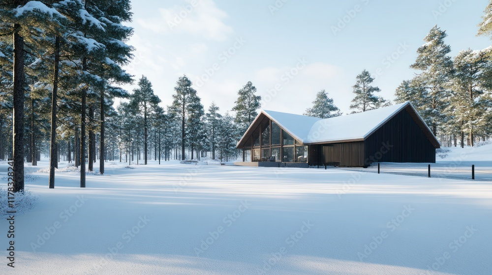 Modern cabin nestled in a snowy forest landscape. Modern cabin nestled in a snowy forest landscape.