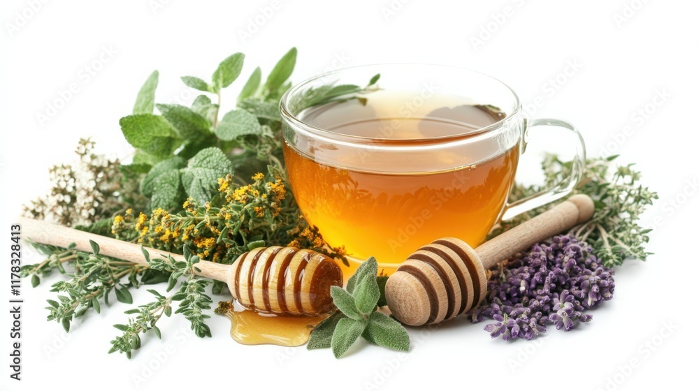 A cup of tea with honey and herbs on a white background A cup of tea with honey and herbs on a white background