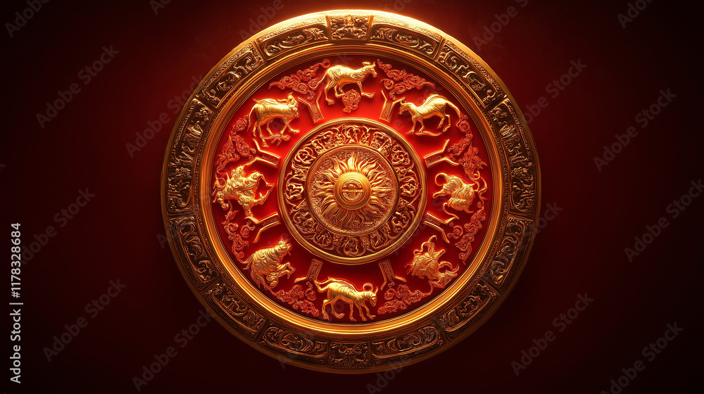 Obraz premium The traditional Chinese zodiac wheel, intricate animal symbols arranged in a circle