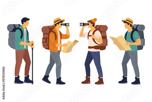 People hiking and trekking with backpack, map and binoculars. Men backpackers stand, walk with luggage illustration