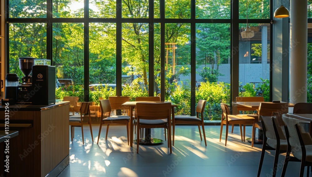 Sunlit cafe interior with large windows and wooden tables and chairs. Sunlit cafe interior with large windows and wooden tables and chairs.