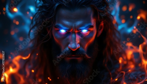 Fiery-Eyed Warrior: A Dramatic Portrait in Blazing Hues photo