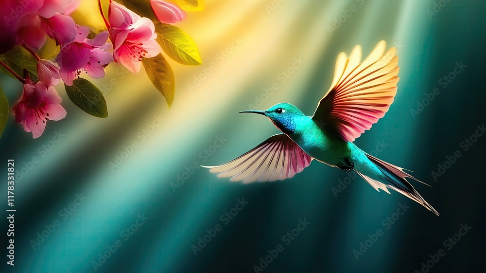 Obraz premium Vibrant hummingbird flying near colorful flowers.