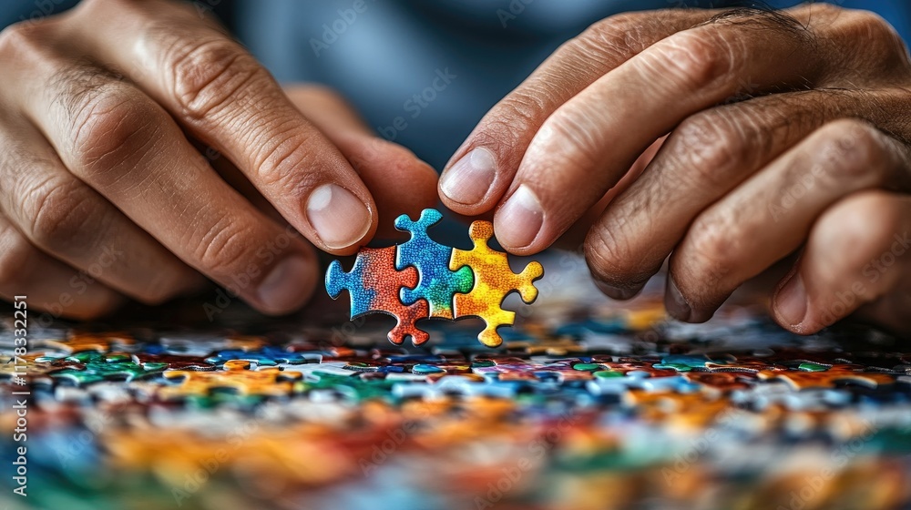 Hands connecting colorful puzzle pieces, problem-solving concept Hands connecting colorful puzzle pieces, problem-solving concept