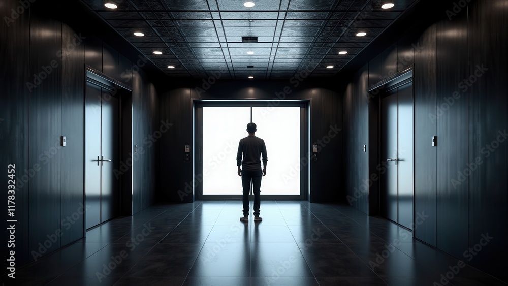 A lone figure stands before a grand, open doorway, his back to the viewer as he gazes out into the unknown, against a stark backdrop of black tile flooring and a grid-patterned ceiling A lone figure stands before a grand, open doorway, his back to the viewer as he gazes out into the unknown, against a stark backdrop of black tile flooring and a grid-patterned ceiling