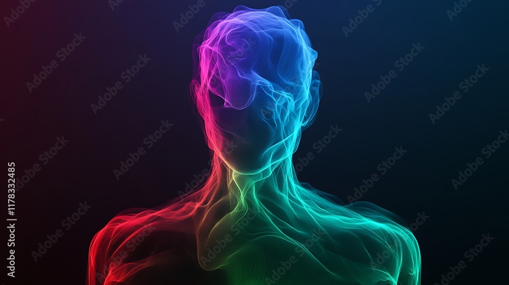 Abstract 3D Design of Flowing Energy Waves Surrounding an Ethereal Human Figure in Vibrant Colors with Luminescent Effects Against a Dark Background Abstract 3D Design of Flowing Energy Waves Surrounding an Ethereal Human Figure in Vibrant Colors with Luminescent Effects Against a Dark Background