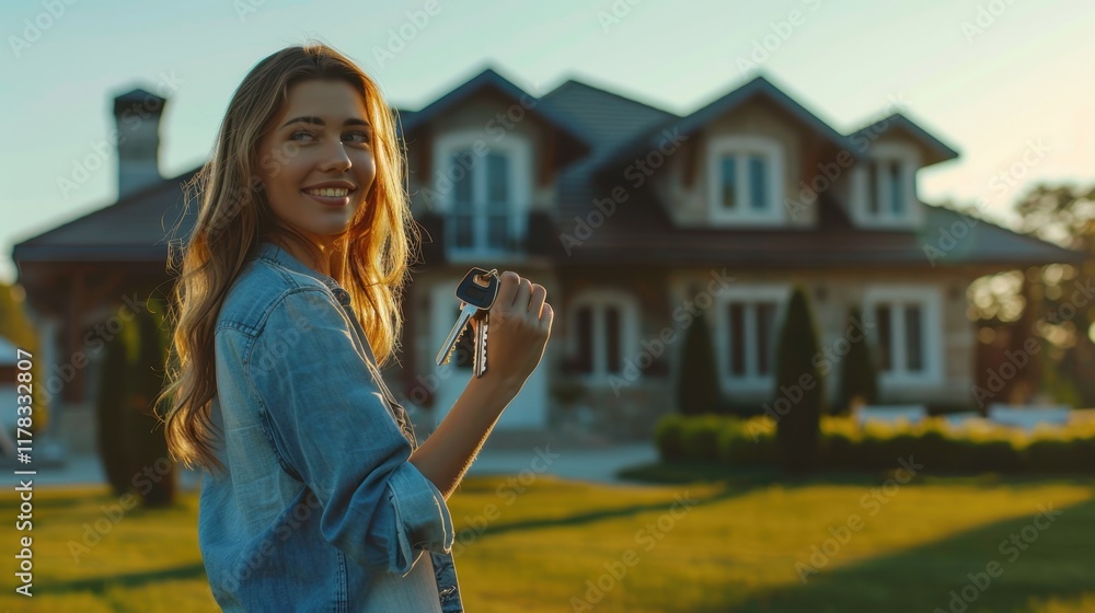 a smiling woman holding house keys, standing in front of a beautiful house a smiling woman holding house keys, standing in front of a beautiful house
