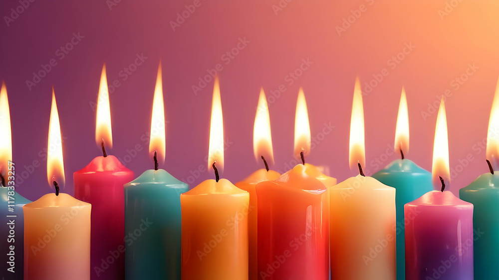 Elegant colorful candles burning brightly, their warm glow blending with a minimalist gradient backdrop. Elegant colorful candles burning brightly, their warm glow blending with a minimalist gradient backdrop.