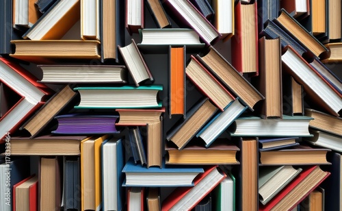A colorful and abstract arrangement of book spines creating a geometric pattern.