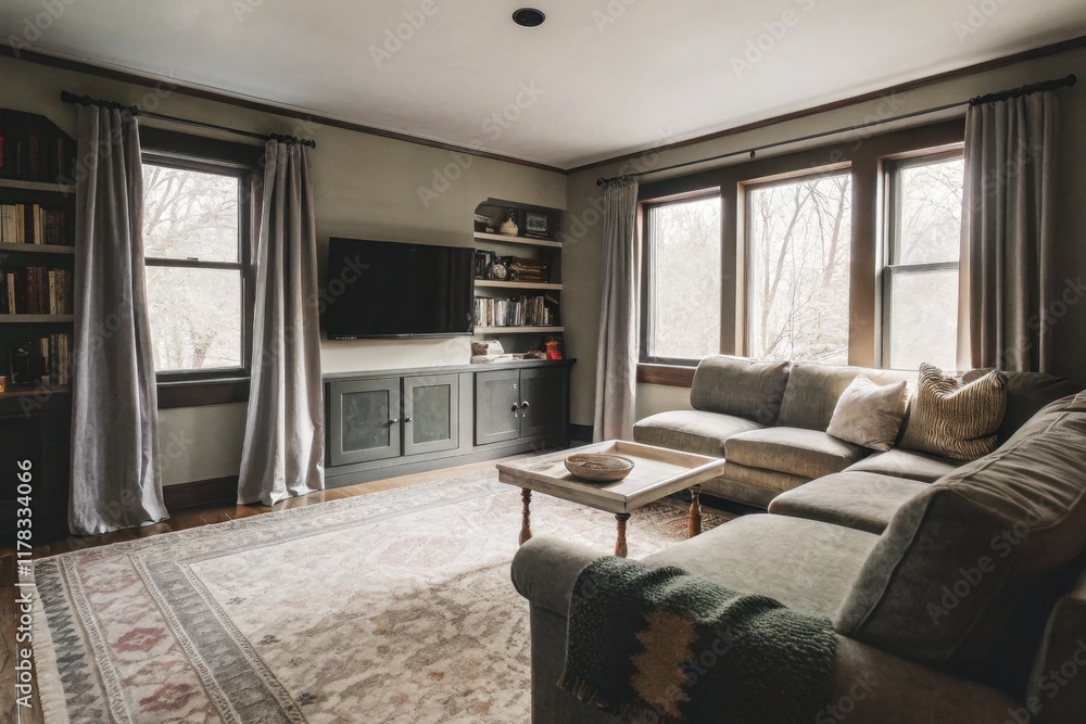 Fototapeta premium Cozy living room with rustic decor and large windows for natural light