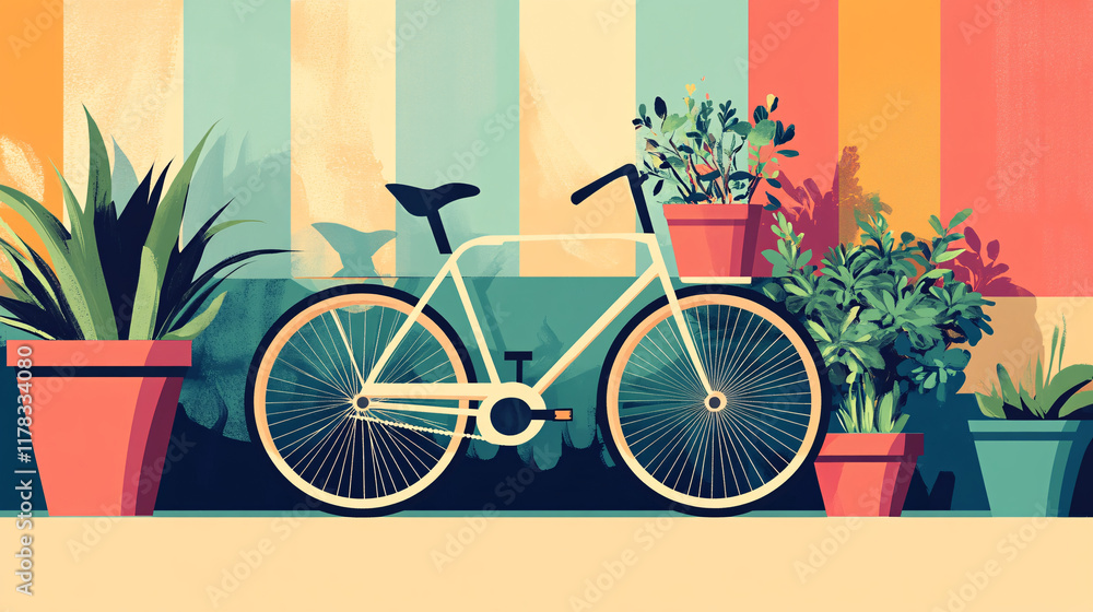 Fototapeta premium A whimsical illustration of a bicycle adorned with potted plants, set against a colorful backdrop that symbolizes eco-friendly transportation and green living. 