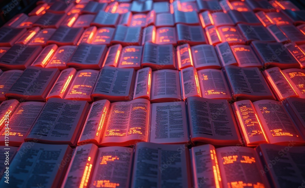 Obraz premium A mesmerizing arrangement of open books illuminated by glowing symbols, evoking a sense of knowledge, discovery, and the power of information.