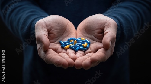 Wallpaper Mural Hands holding colorful capsules in a dark setting. Torontodigital.ca