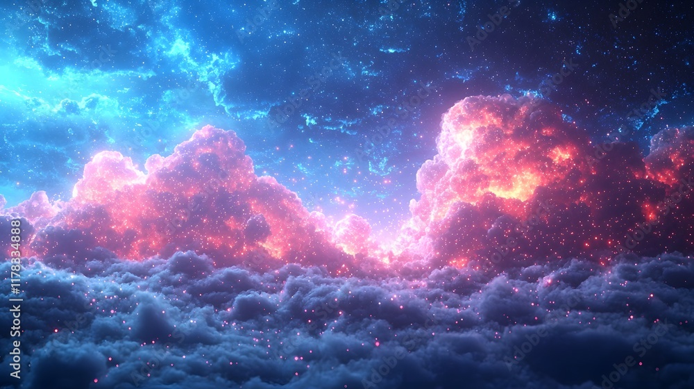 Fototapeta premium Floating Holographic Screens within Dramatic Cloudy Skies Reflecting Versatility of Cloud Computing Concepts