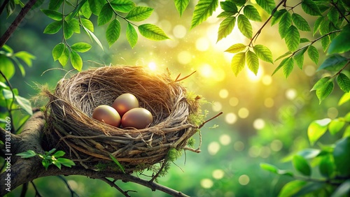 Wallpaper Mural Nature's artistry: bird's nest, leaves, bokeh, and branches. Torontodigital.ca