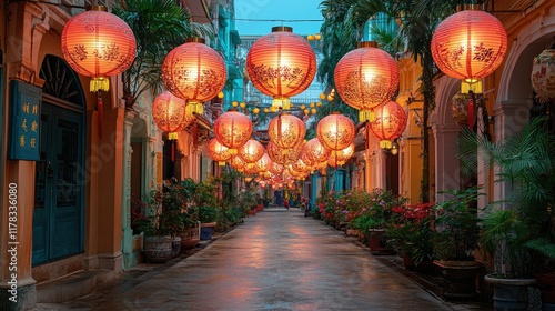 Wallpaper Mural Red lanterns illuminate a charming alley at dusk, creating a festive atmosphere Torontodigital.ca
