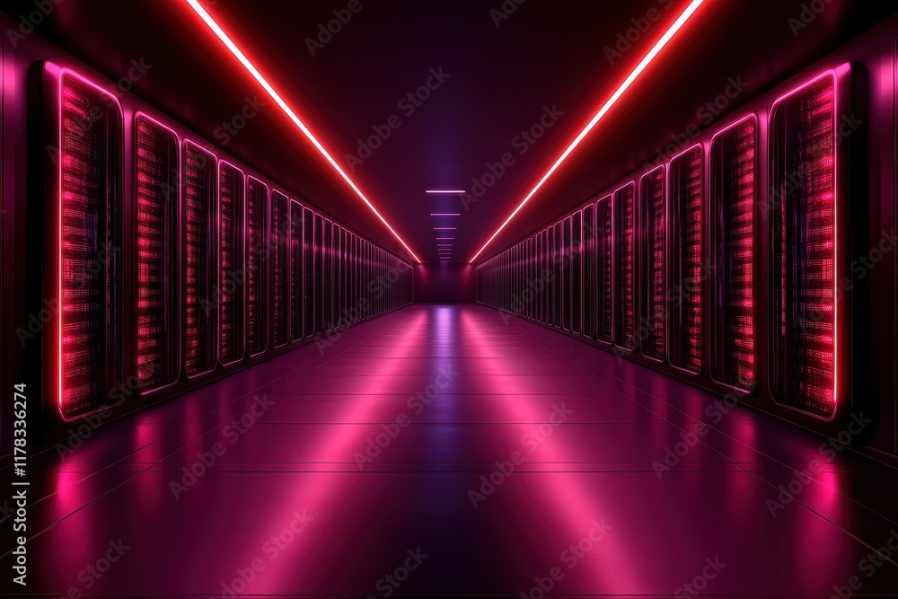 Fototapeta premium Neon-lit data center corridor with servers.