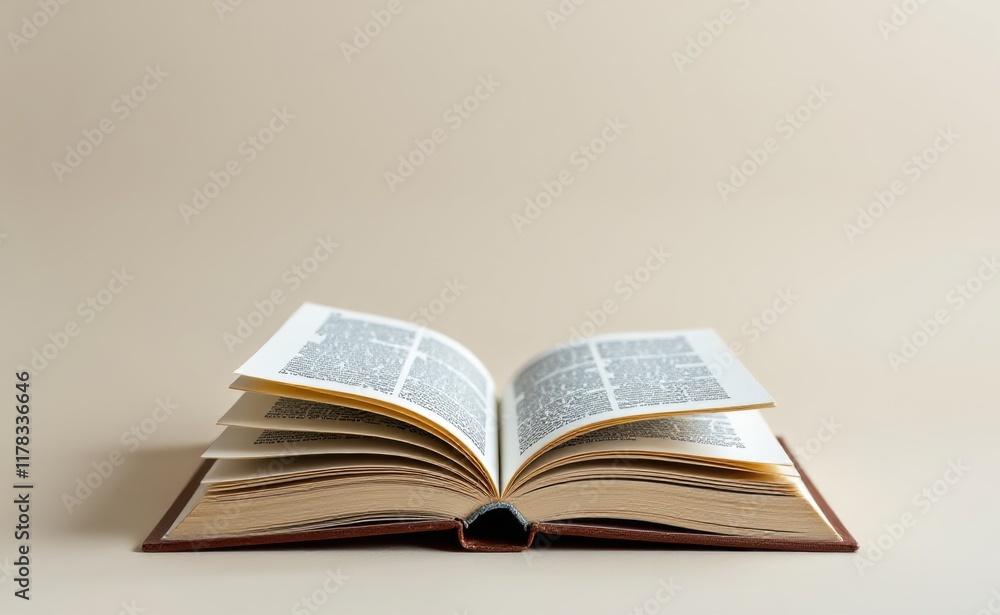 An open book with crisp white pages spread wide against a warm beige background, inviting exploration and discovery. An open book with crisp white pages spread wide against a warm beige background, inviting exploration and discovery.