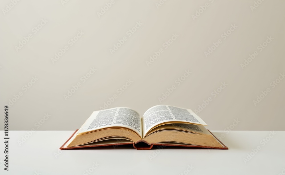 An open book with crisp white pages spread wide against a warm beige background, inviting exploration and discovery. An open book with crisp white pages spread wide against a warm beige background, inviting exploration and discovery.