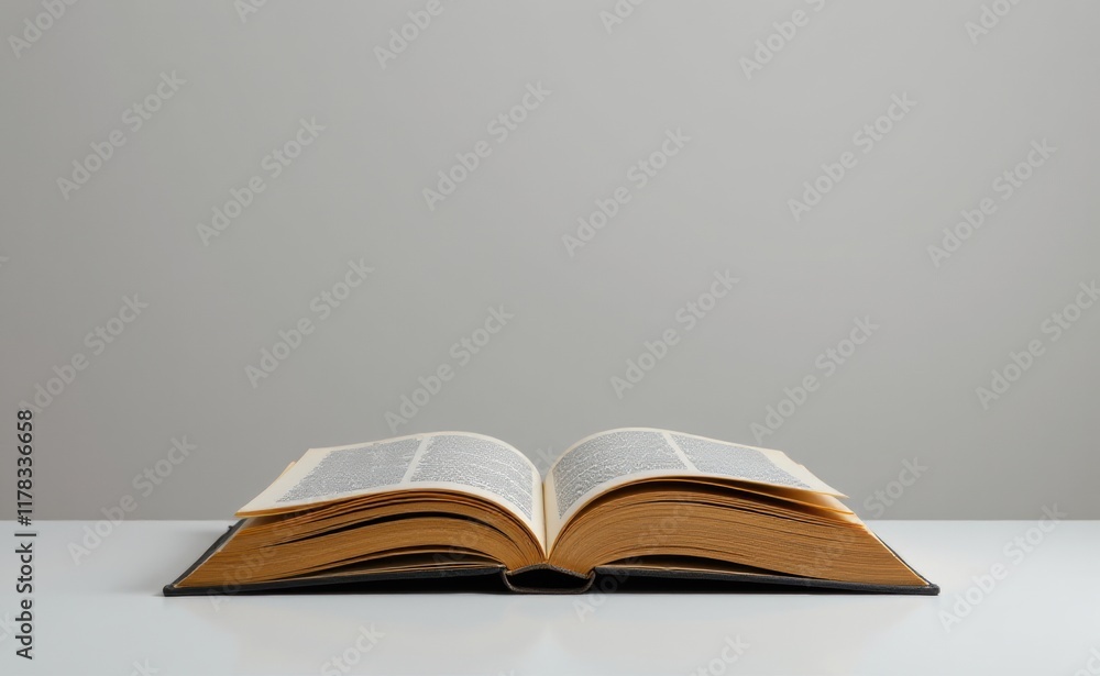 An open book with crisp white pages spread wide against a warm beige background, inviting exploration and discovery.