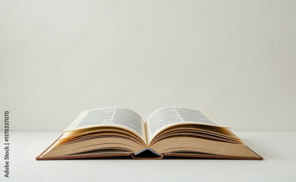 An open book with crisp white pages spread wide against a warm beige background, inviting exploration and discovery. An open book with crisp white pages spread wide against a warm beige background, inviting exploration and discovery.