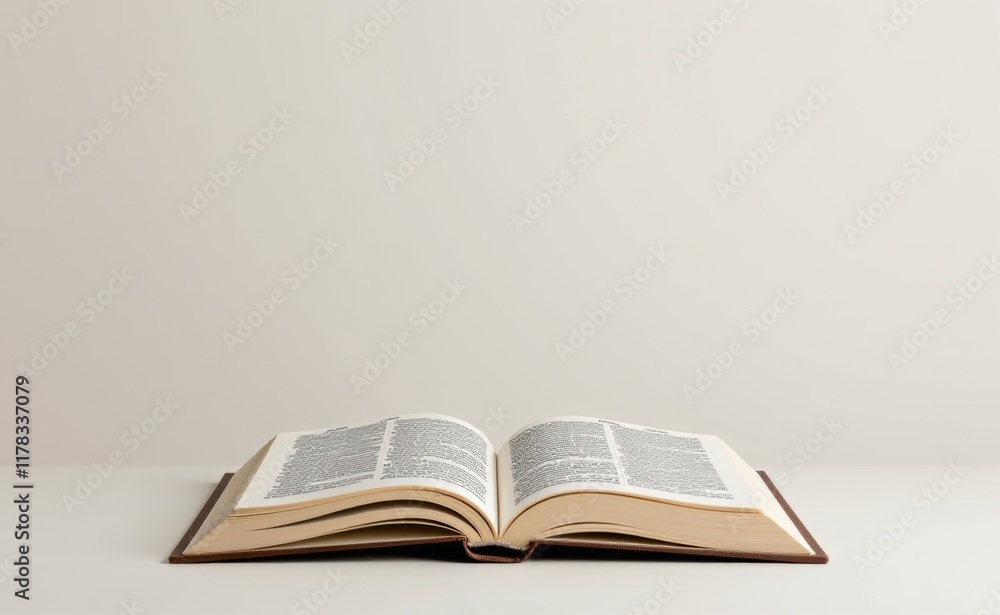An open book with crisp white pages spread wide against a warm beige background, inviting exploration and discovery. An open book with crisp white pages spread wide against a warm beige background, inviting exploration and discovery.