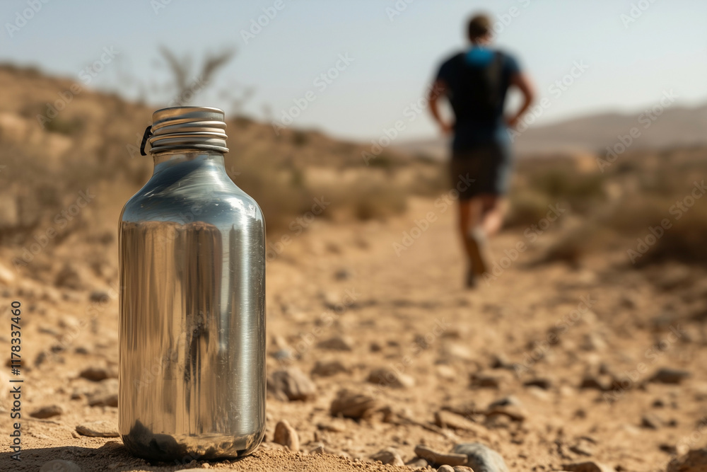 a man running in the desert, a metallic colored bottle is seen next to him, aesthetic portrait shot, focus on bottle, mockup style a man running in the desert, a metallic colored bottle is seen next to him, aesthetic portrait shot, focus on bottle, mockup style