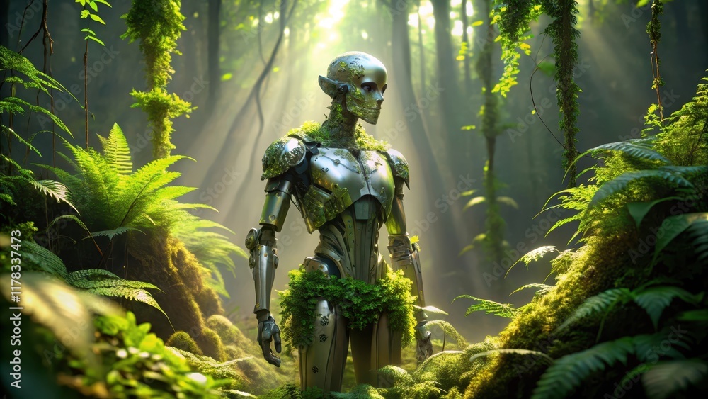 A bio-integrated automaton stands serenely amidst a sun-dappled, verdant jungle, its metallic form subtly adorned with flourishing moss and foliage. A bio-integrated automaton stands serenely amidst a sun-dappled, verdant jungle, its metallic form subtly adorned with flourishing moss and foliage.