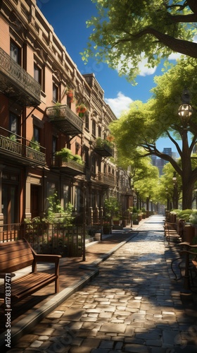 City street, sunny day, buildings, trees.