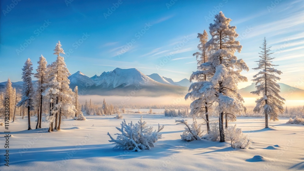 Obraz premium Serene Winter Landscape Snow-Covered Evergreens and Majestic Mountain Range at Dawn