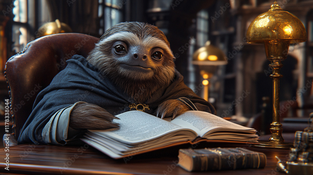 A wise sloth in an old-world academic robe, leaning over an ancient ledger at a vintage mahogany desk, with brass oil lamps and aged leather chairs surrounding him. A wise sloth in an old-world academic robe, leaning over an ancient ledger at a vintage mahogany desk, with brass oil lamps and aged leather chairs surrounding him.