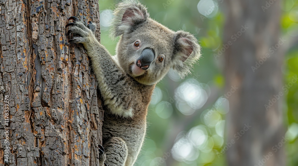 Fototapeta premium Koala climbing tree in Australian forest, wildlife conservation image