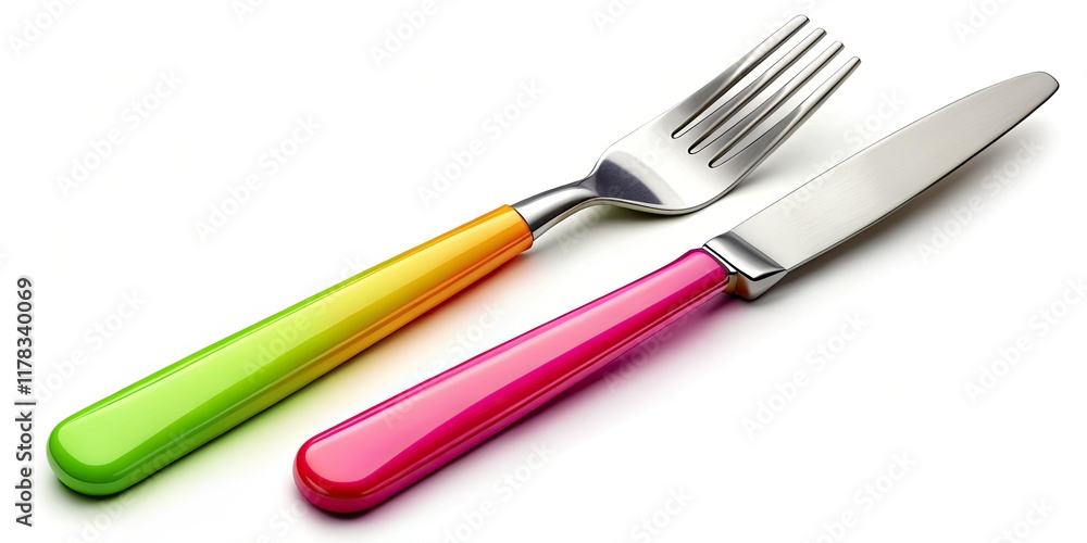 Fototapeta premium Gleaming stainless steel fork and knife, isolated on white, epitomize clean, elegant dining.