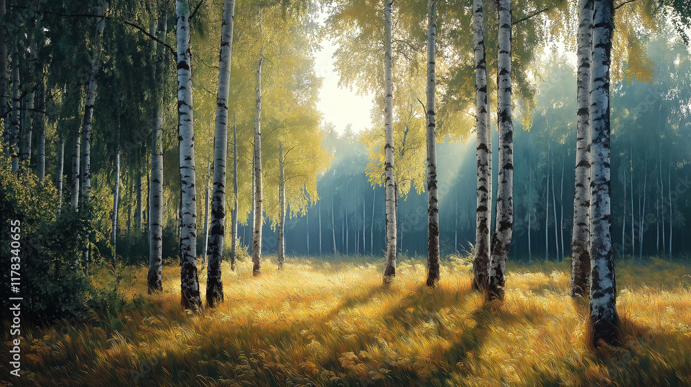 Fototapeta premium Bright and fresh morning in the forest, where sunlight dapples the forest floor and birds