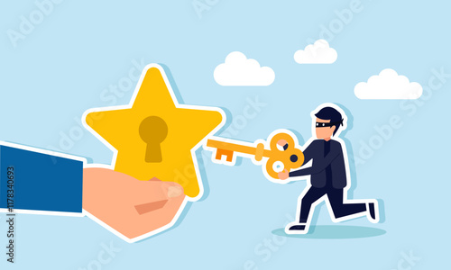 A thief holding a key runs towards a hand holding a star with a keyhole, illustration of corruption practices in manipulating business ratings and quality