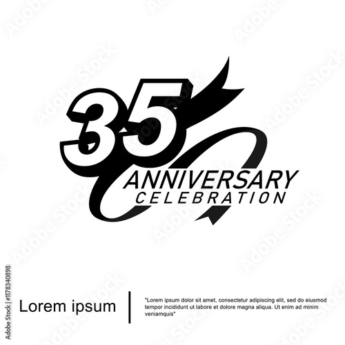 35th years anniversary celebration emblem. black logo isolated with ribbon on white background. vector illustration template design for web, flyers, poster, greeting card and invitation card