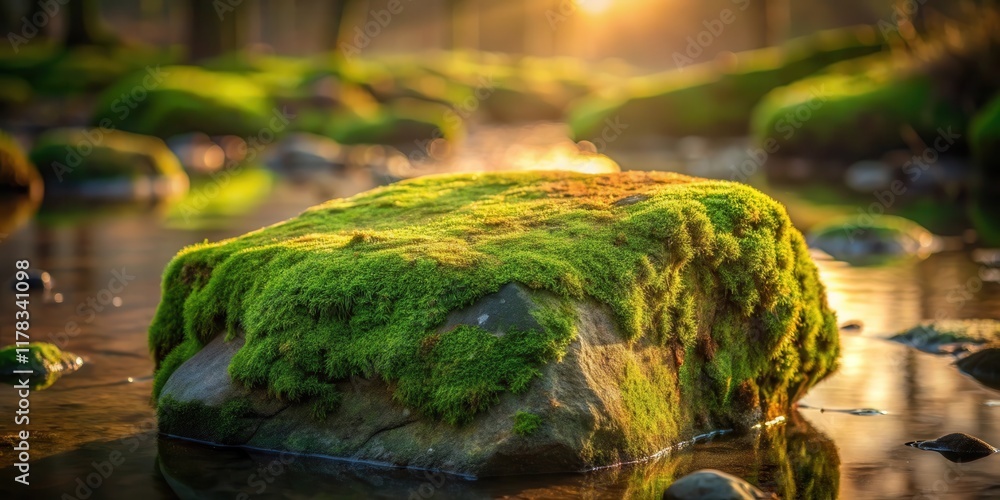 Golden Hour Serenity A Moss-Covered Rock Basking in the Gentle Glow of the Setting Sun by a Tranquil Stream Golden Hour Serenity A Moss-Covered Rock Basking in the Gentle Glow of the Setting Sun by a Tranquil Stream