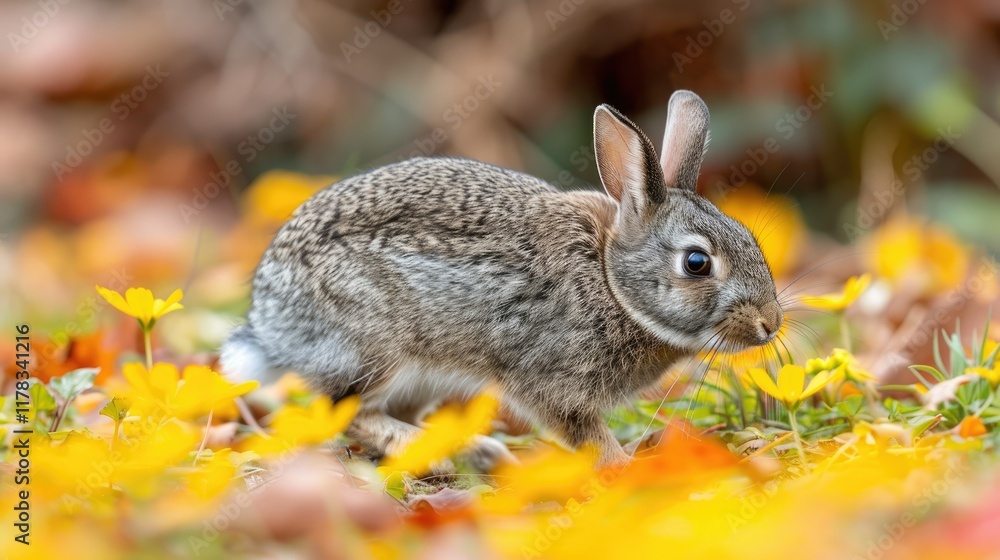 Fototapeta premium Wild rabbit foraging amongst yellow wildflowers and autumn leaves in a forest