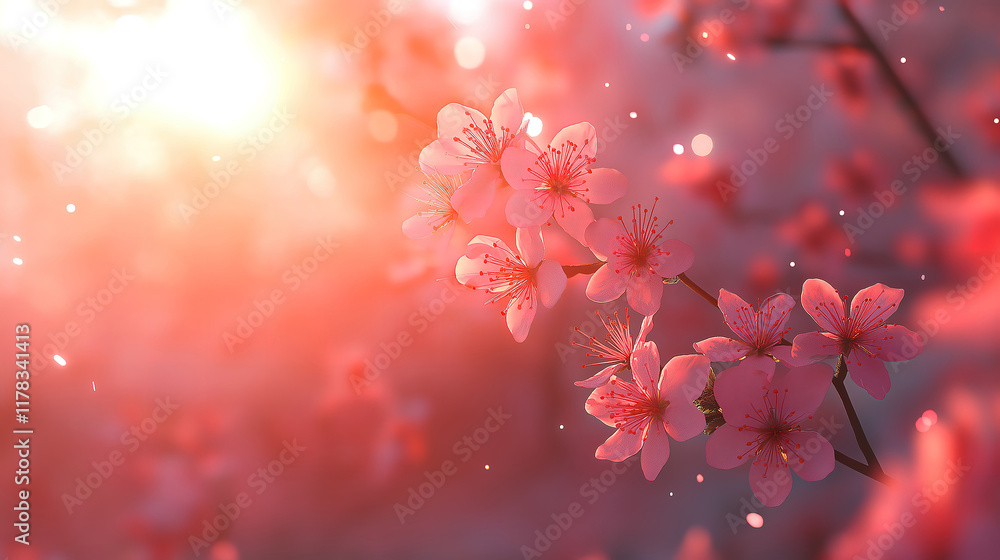Beautiful spring border with vibrant pink blossoms, a blooming tree, and a warm sun flare glowing Beautiful spring border with vibrant pink blossoms, a blooming tree, and a warm sun flare glowing